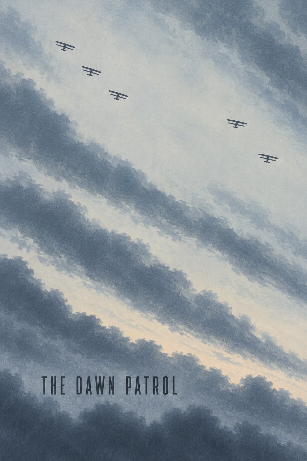 Small biplanes cross a blue-grey sky above long diagonal bands of cloud.
