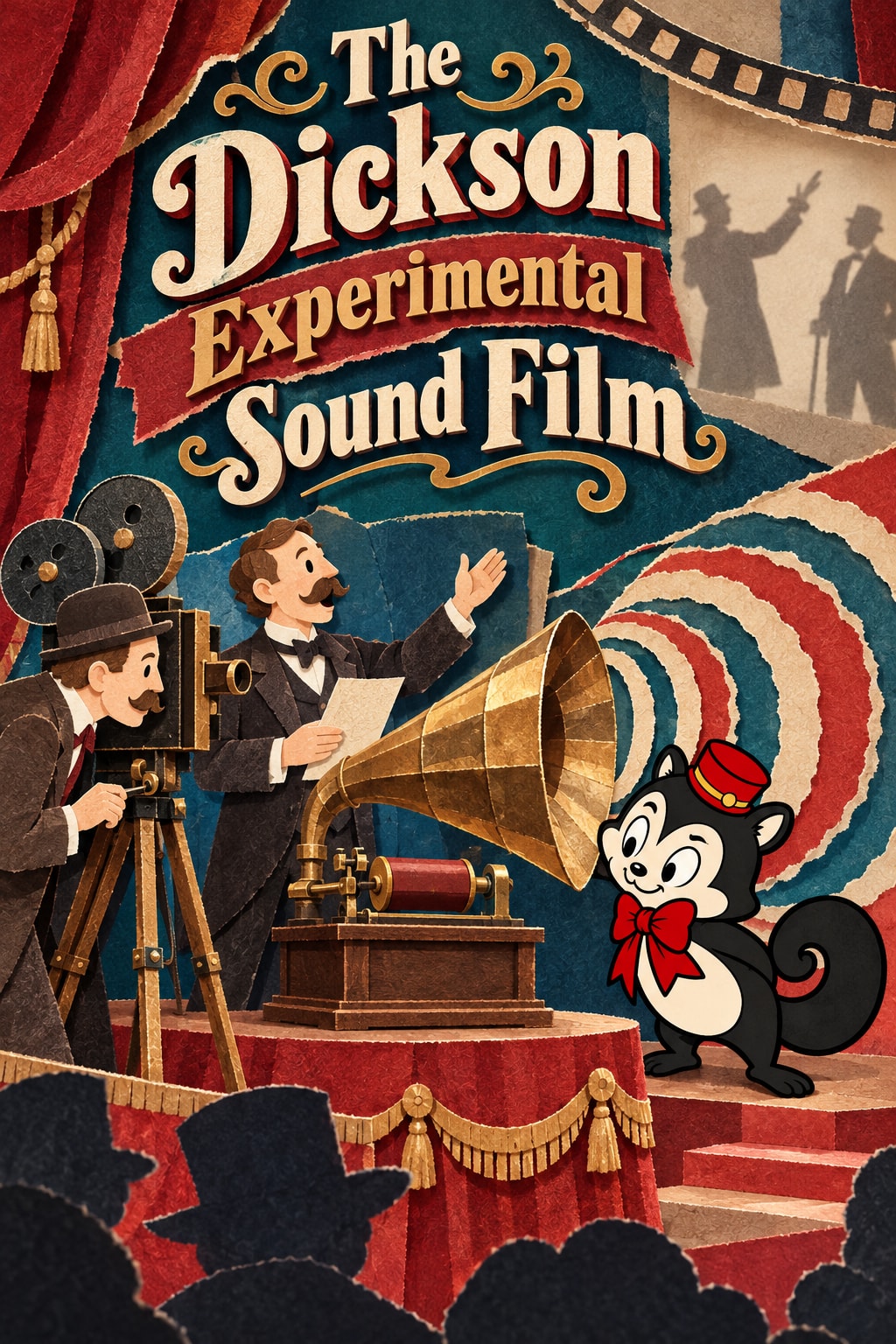 Original illustration: Paper theatre, an early film camera and a giant brass sound horn beneath the title, with Momo at the stage edge.