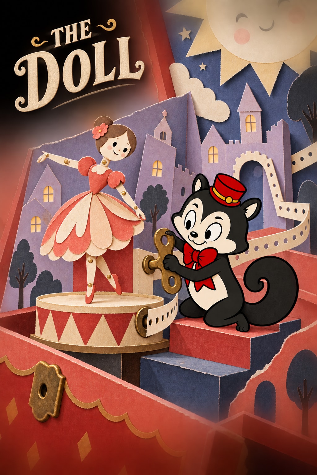 THE DOLL lettering above a paper theatre, with Momo turning a brass key beside a dancing paper doll.