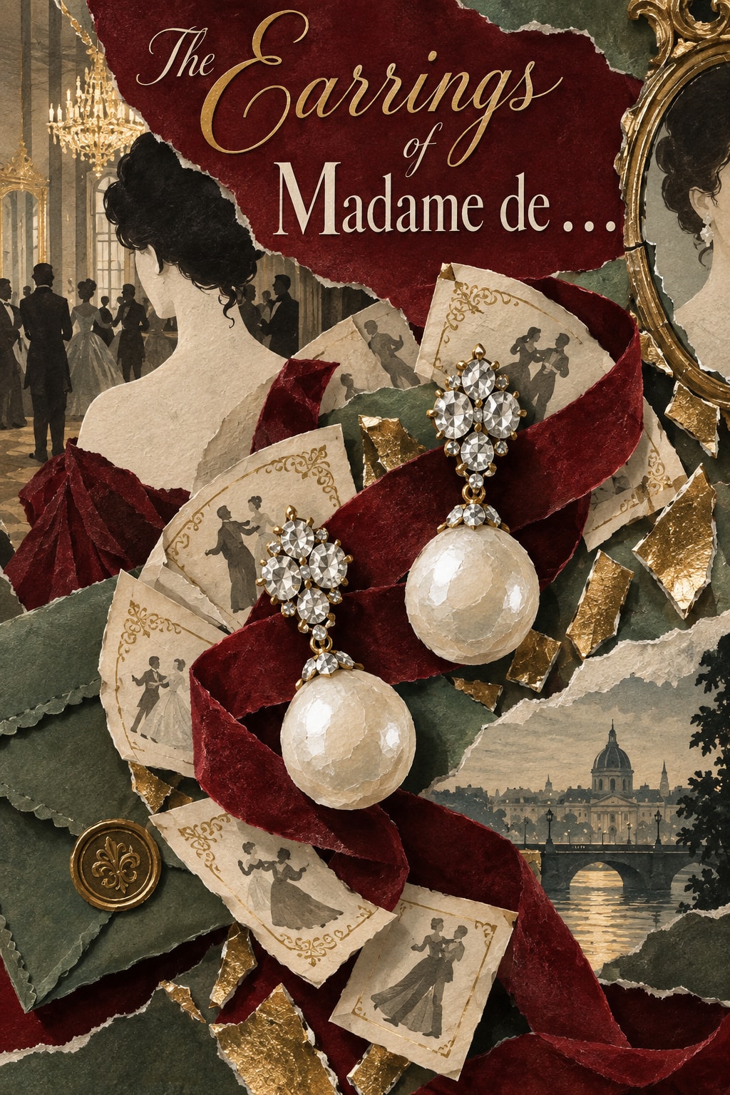 Original illustration: Oversized paper earrings, ballroom cards, red ribbon and mirror fragments beneath The Earrings of Madame de lettering.