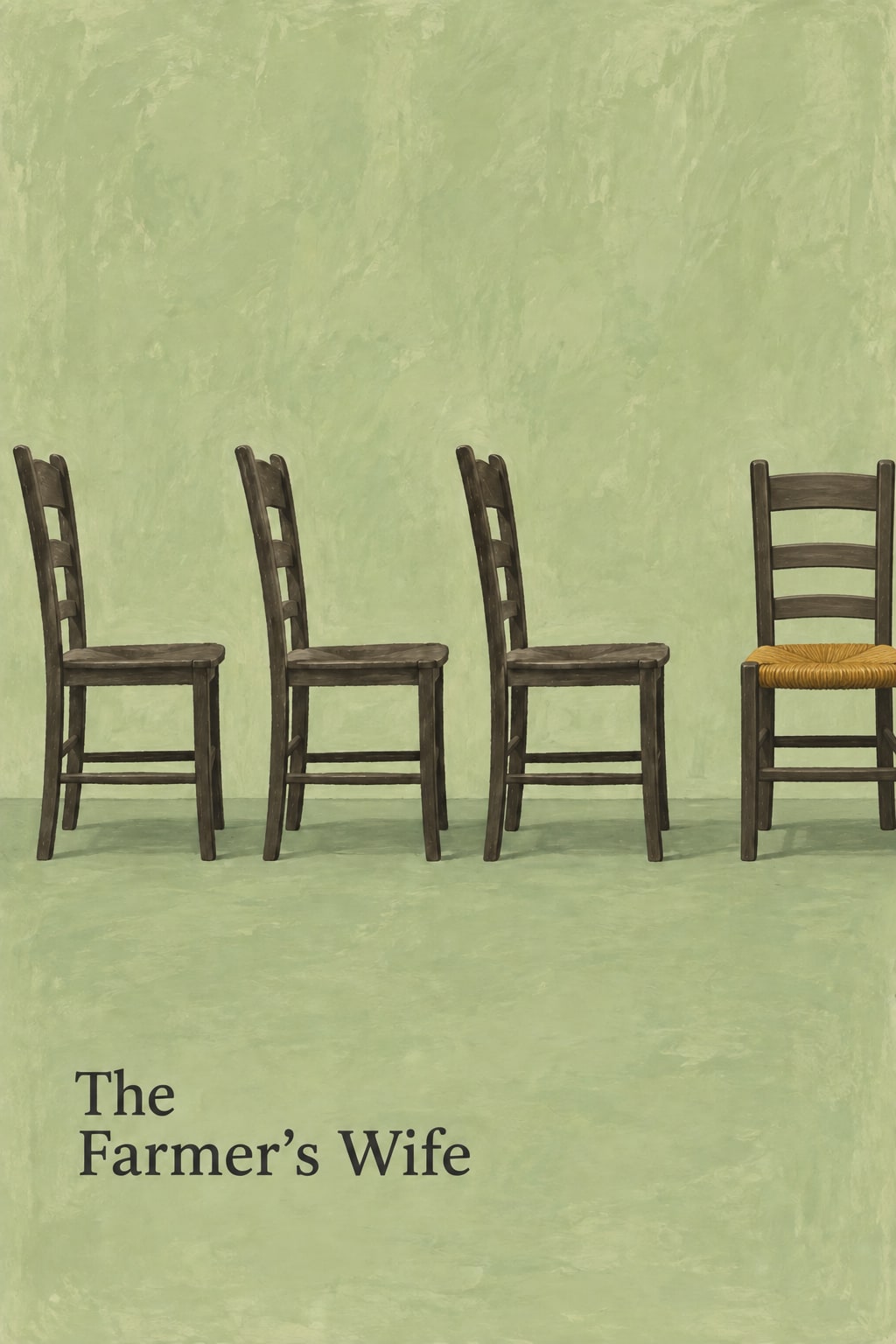 Four wooden chairs stand in a row on pale green, one facing a different direction.
