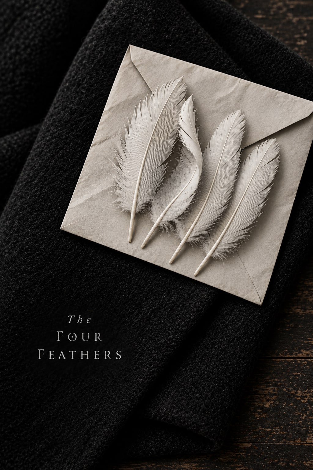 Four white feathers lie on a pale envelope above a folded dark coat.