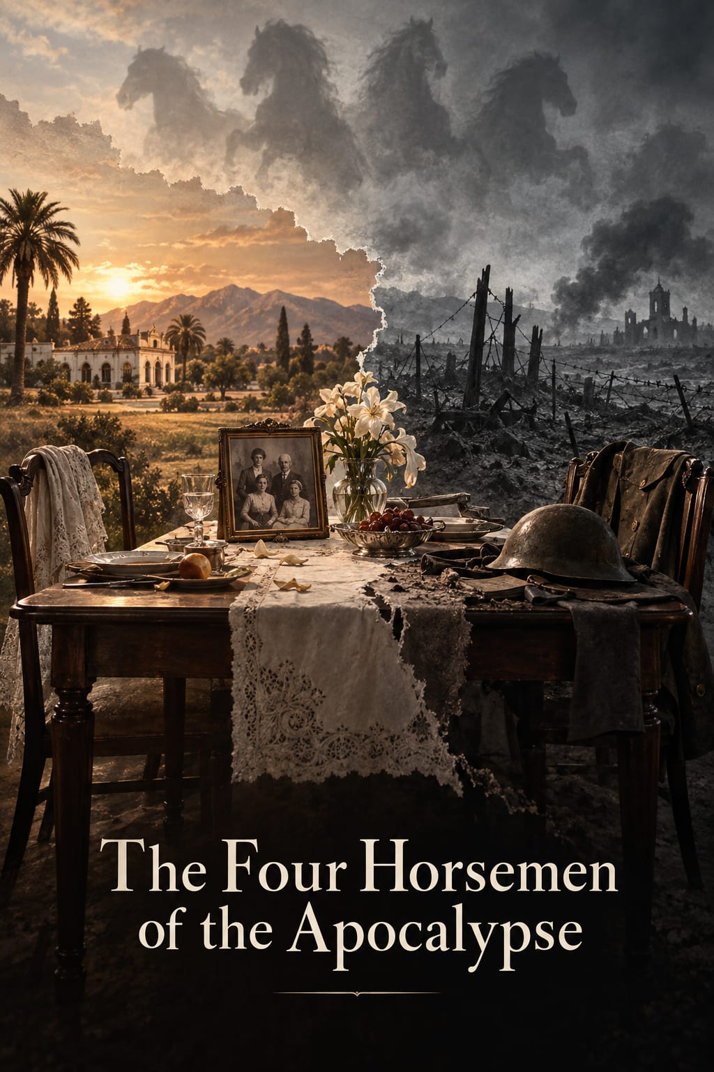 A family table breaks into a battlefield beneath four spectral horses in the clouds.
