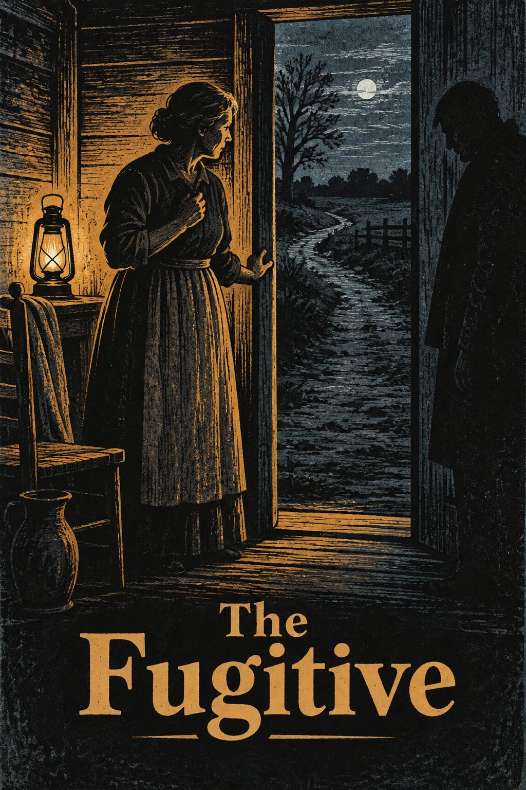 A woman stands at a lamplit farmhouse doorway while a shadow waits outside.