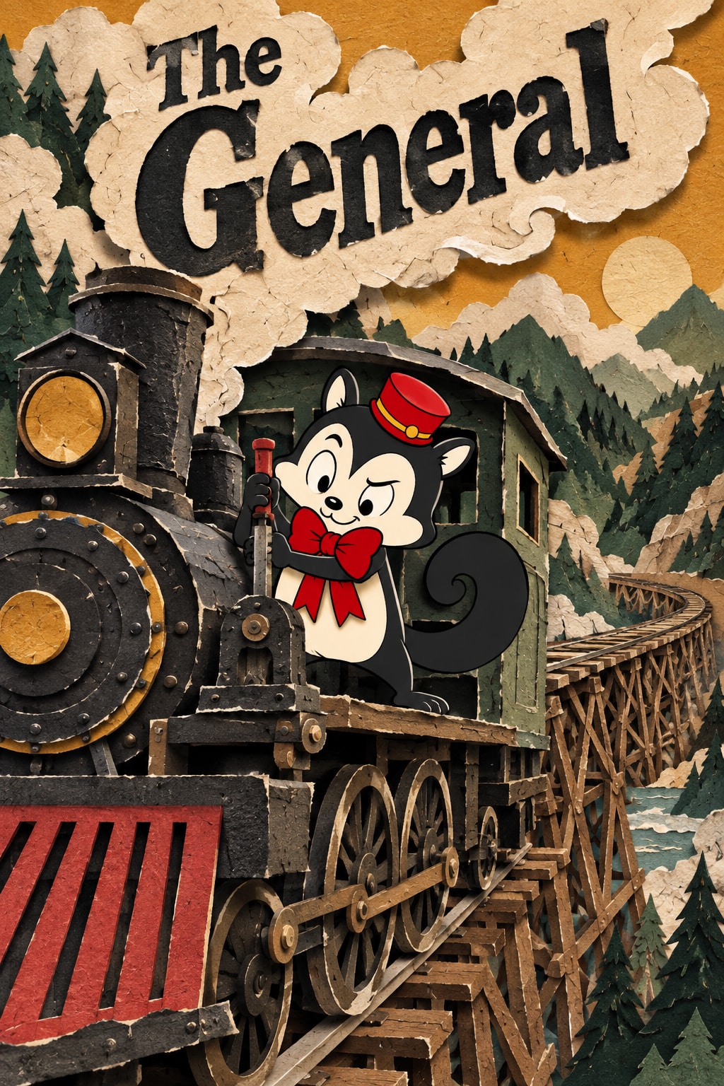 The General — Momo rides a steam locomotive through a landscape built from torn paper.