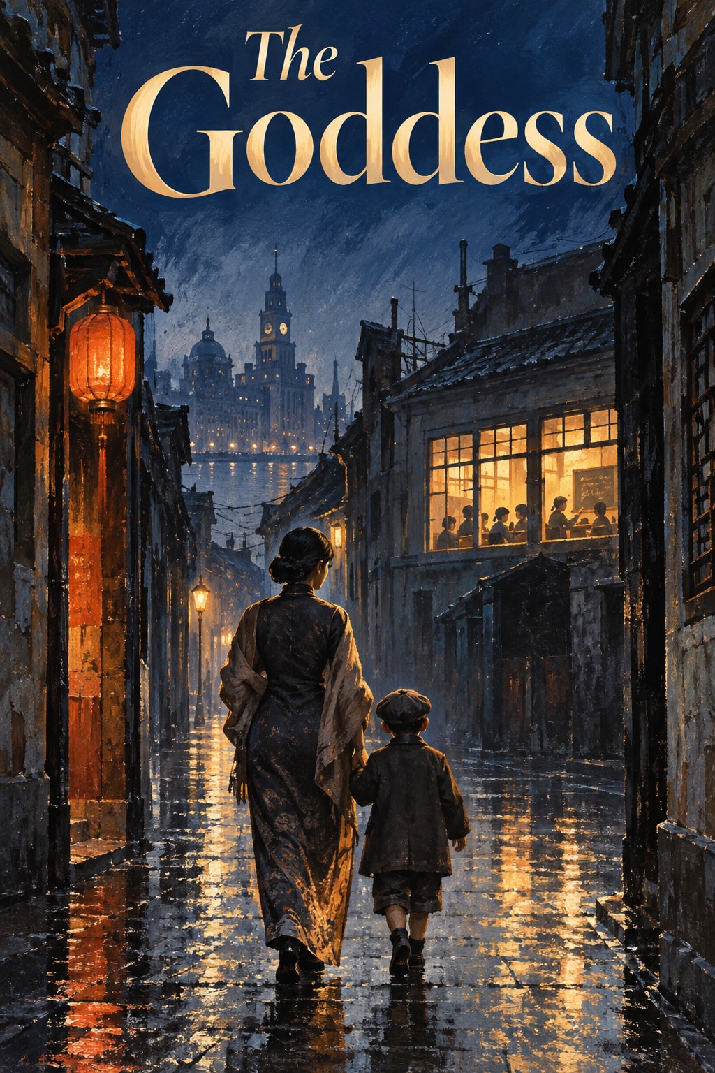 The Goddess: A mother and child walk through a lamplit Shanghai street beneath golden lettering.
