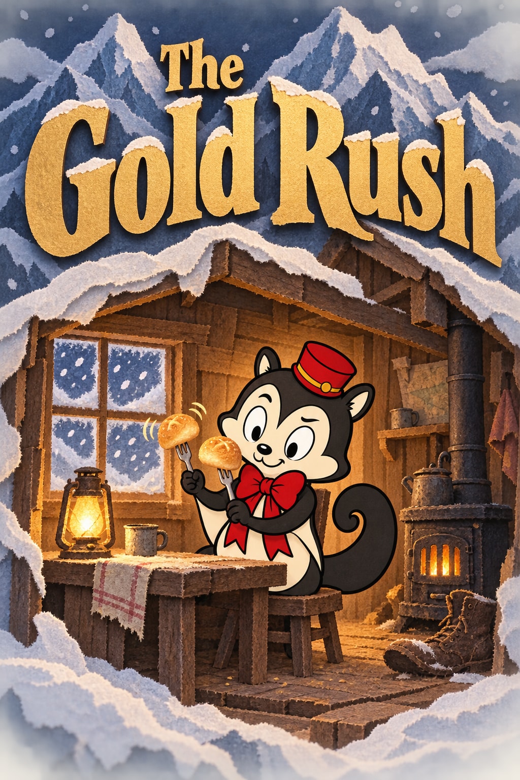 The Gold Rush — Momo performs a bread-roll dance in a warmly lit snowy cabin.