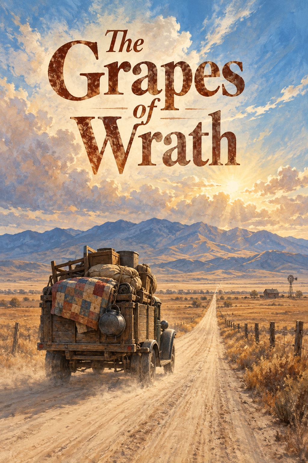 Original illustration for The Grapes of Wrath: A heavily loaded 1930s family truck small on a long pale road through immense dusty fields toward far California mountains; patched quilt and cooking pot visible, no faces.