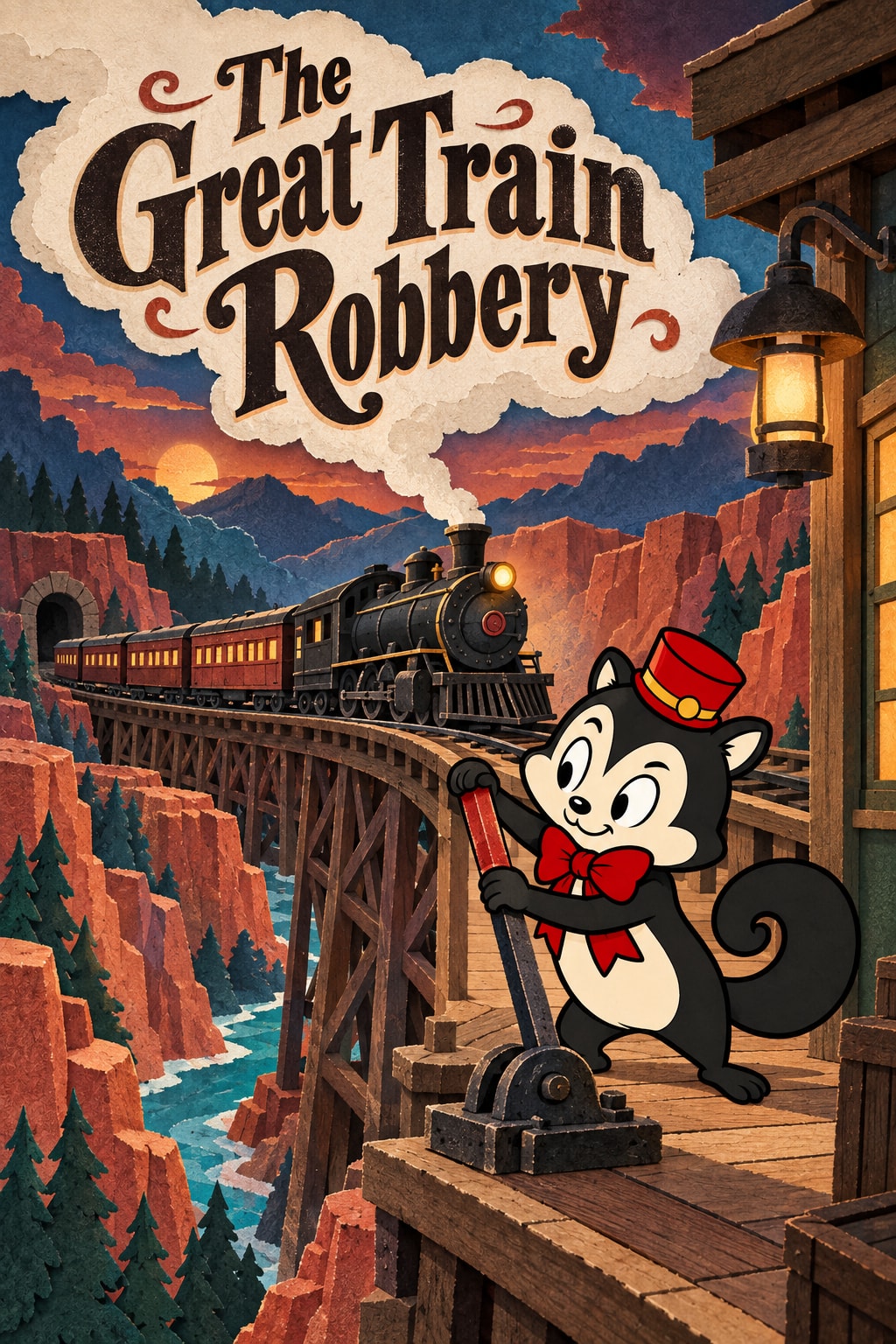 Original illustration for The Great Train Robbery: A sweeping dark steam locomotive crosses a deep layered canyon along a curving trestle, dusk terracotta and turquoise.