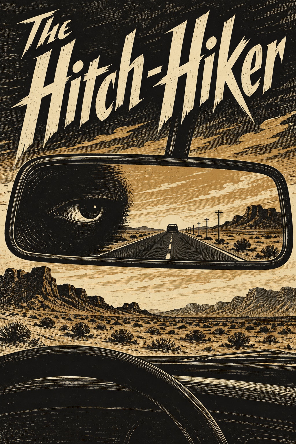 The Hitch-Hiker — A watching eye in a rear-view mirror interrupts a lonely desert road.