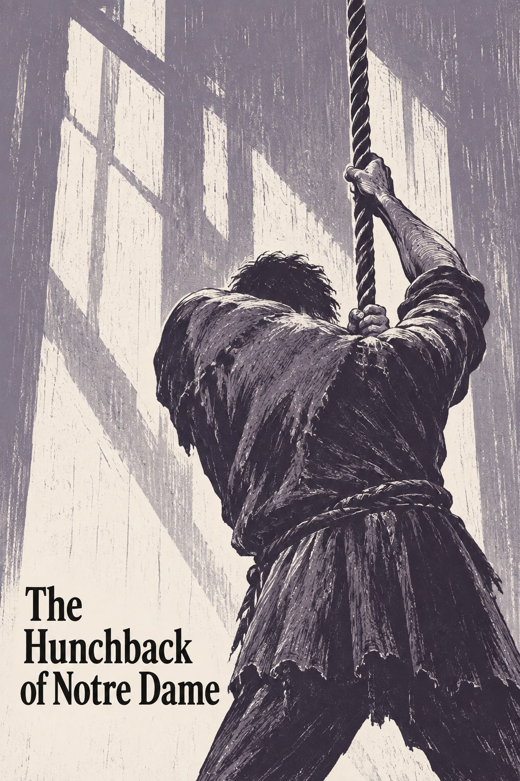 A hunched figure grips a hanging rope beneath a large window shadow.