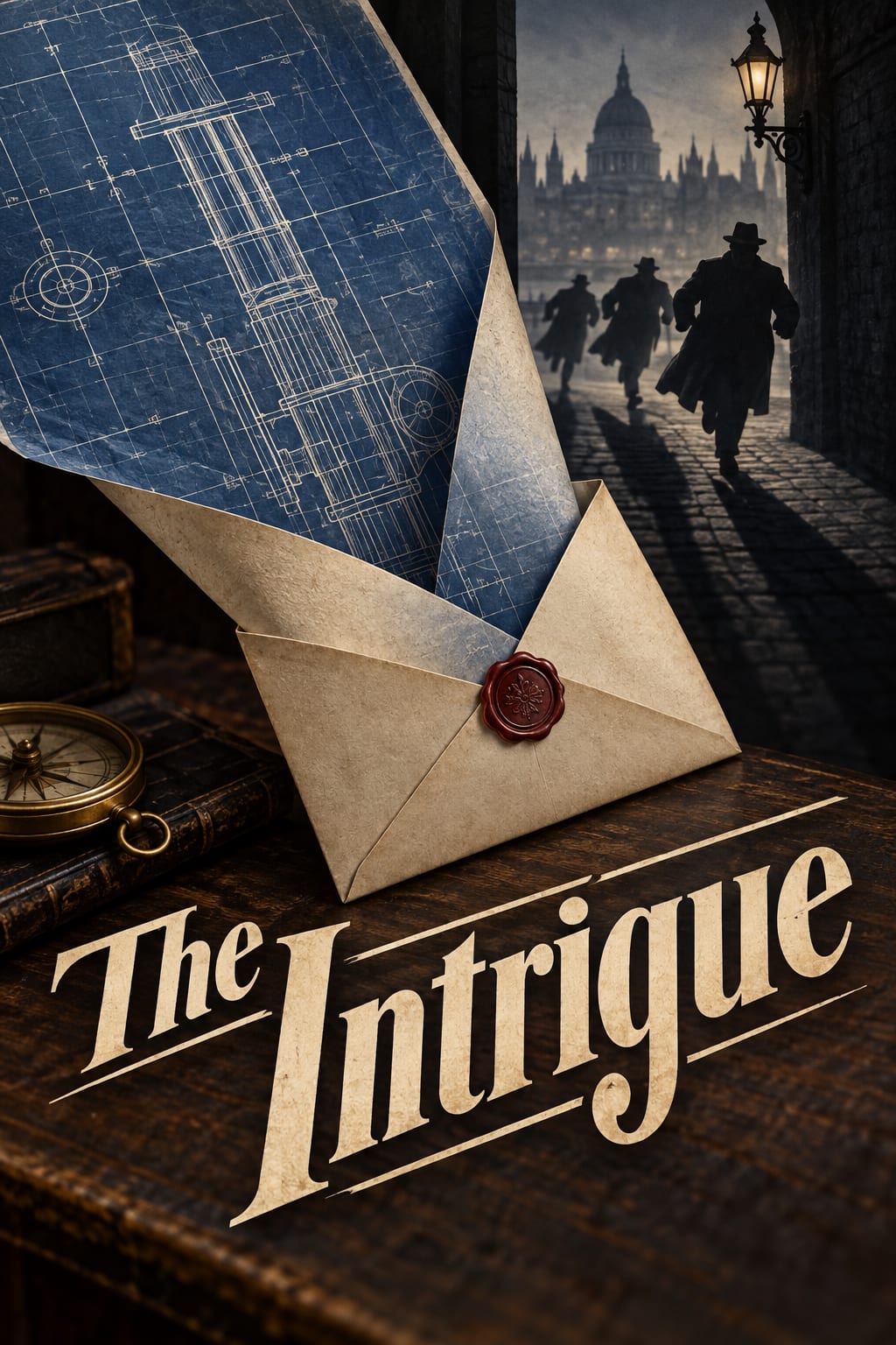 A folded blueprint and sealed envelope sit before a shadowy street pursuit.