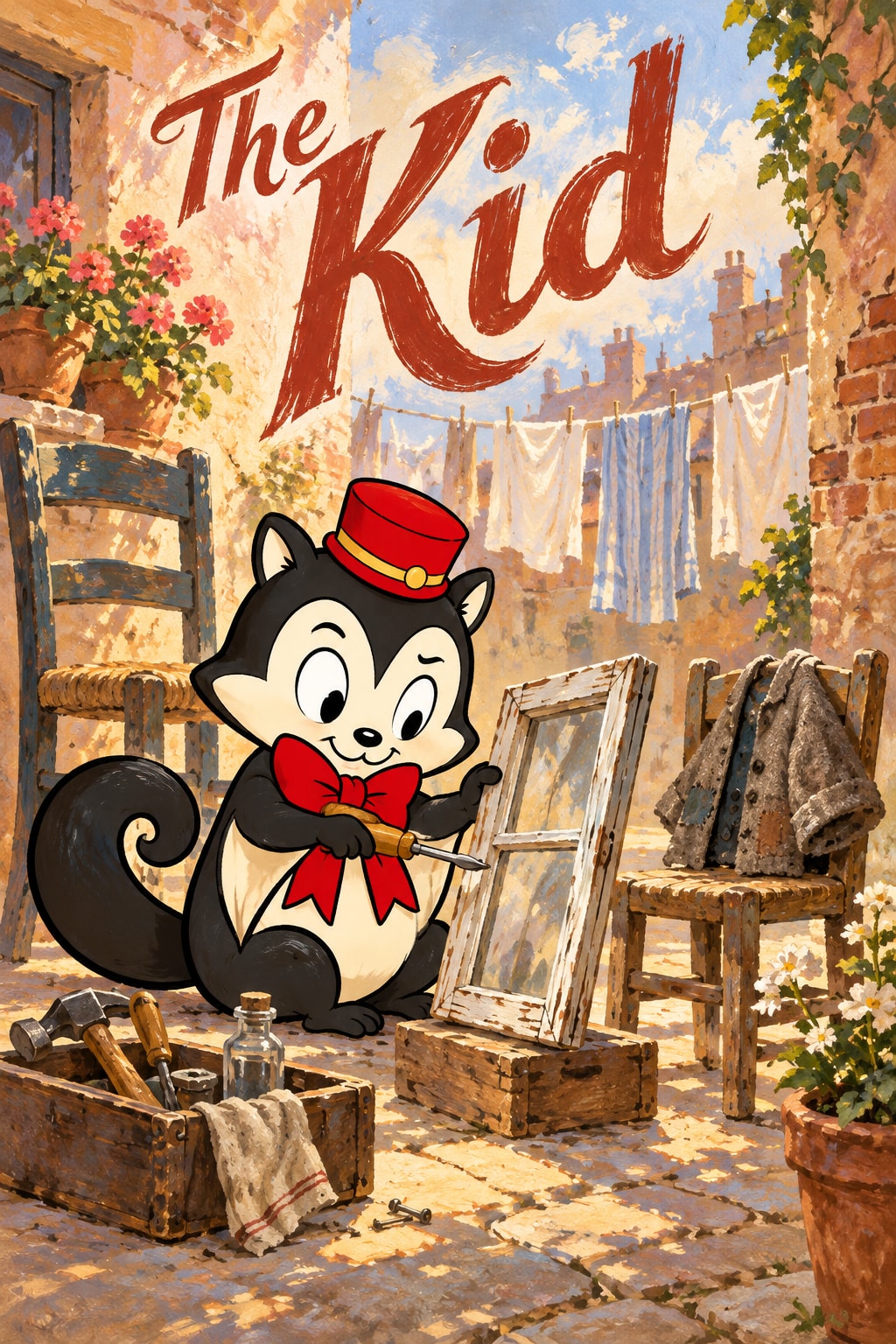 The Kid — Momo carries glazier tools through a warm paper city courtyard.