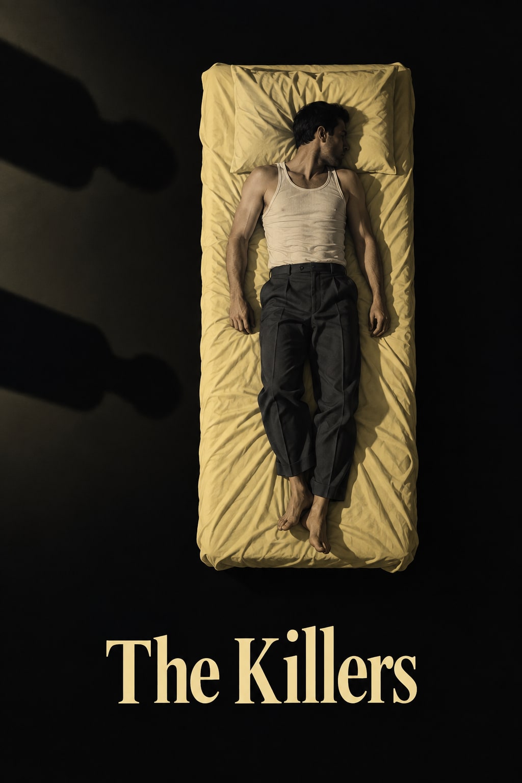 A man lies on a narrow yellow mattress in a dark room, with two shadows beside the bed.