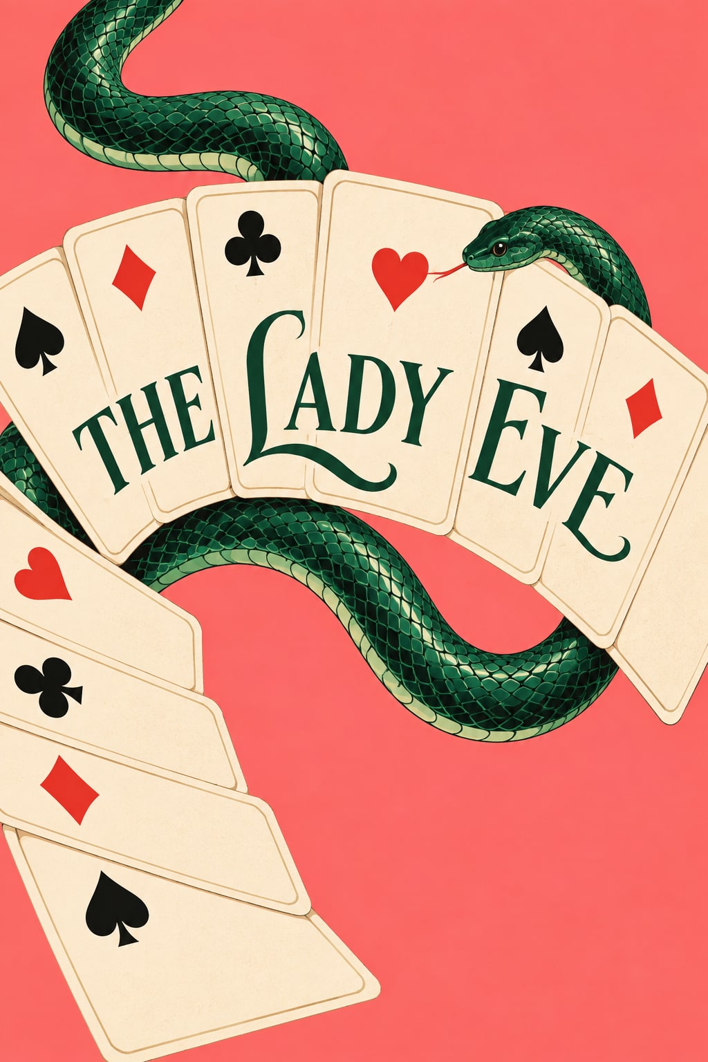A green snake curls through a fan of playing cards bearing THE LADY EVE lettering on a coral background.