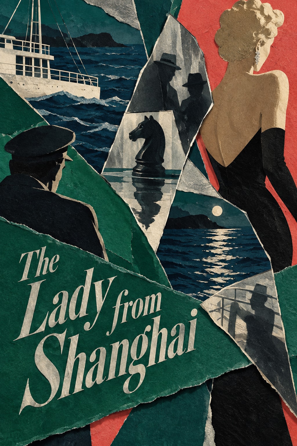Original illustration: Torn mirror-shaped paper panels frame a yacht, sea, chess knight and anonymous figures beside the title.