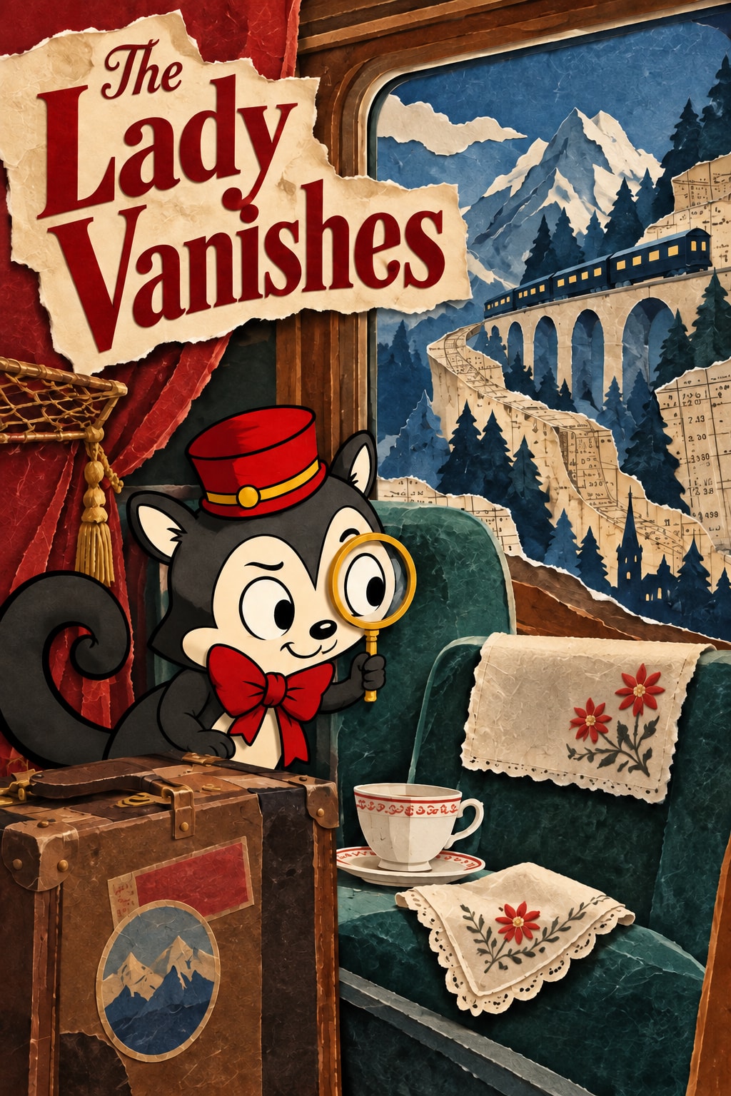 The Lady Vanishes: Momo examines a railway carriage with a magnifying glass as a paper train crosses mountain arches.