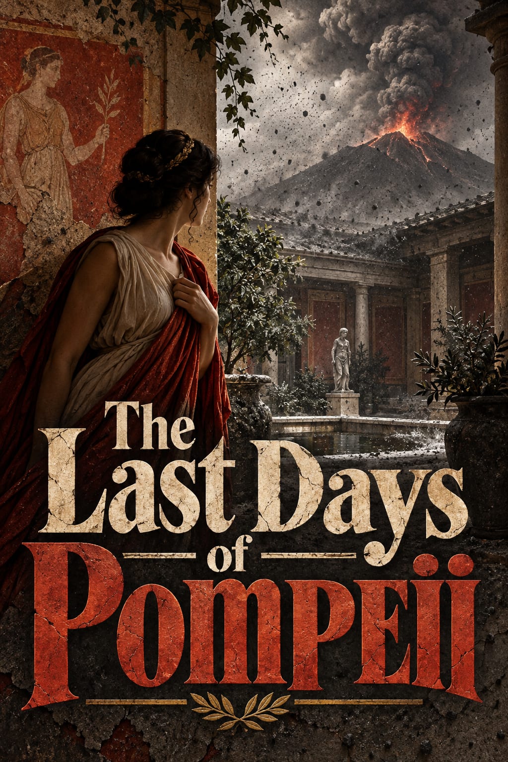 A woman looks from a courtyard toward an erupting Vesuvius as ash falls.