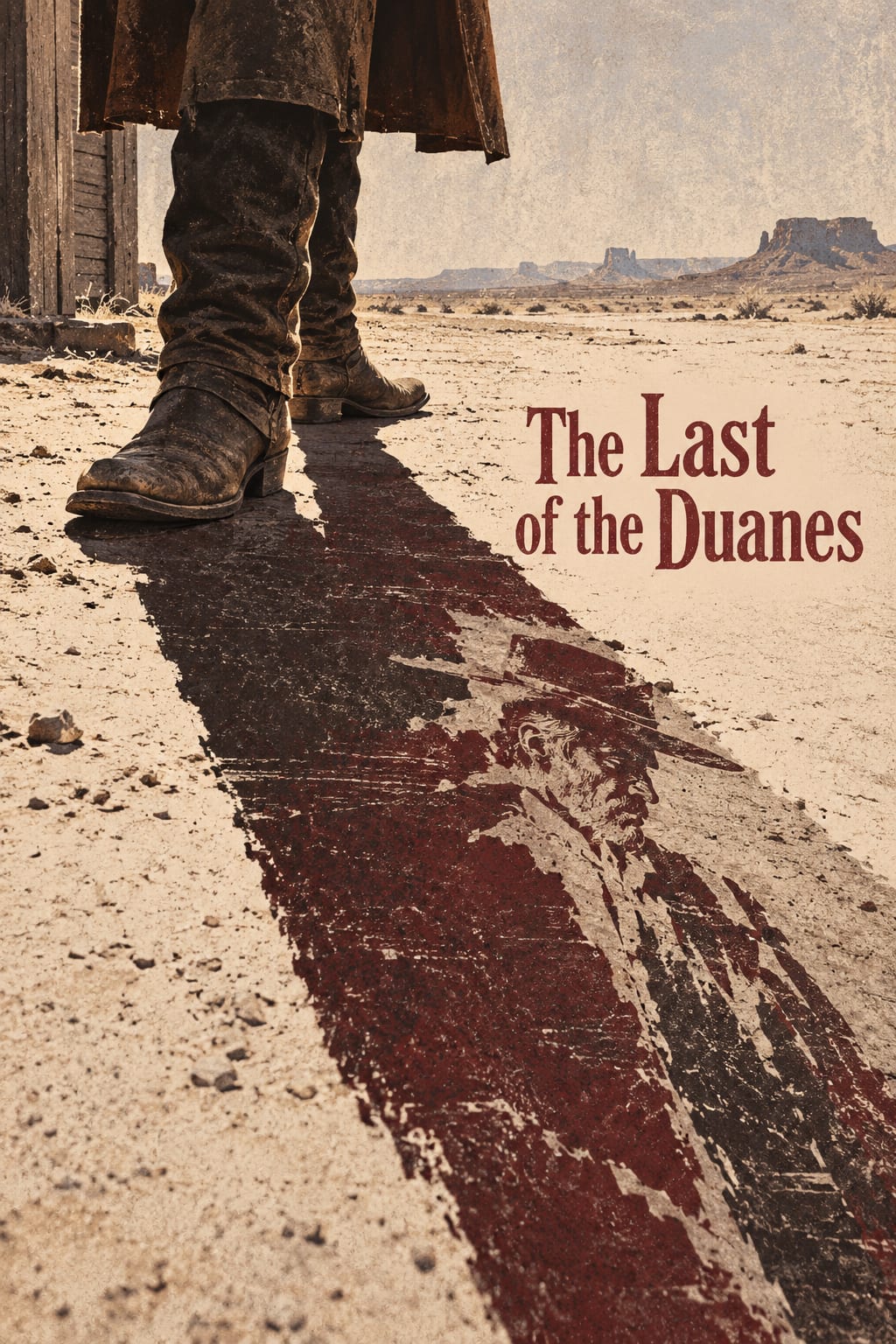 Western boots and a coat hem stand above a long rough printed shadow in pale desert dust.