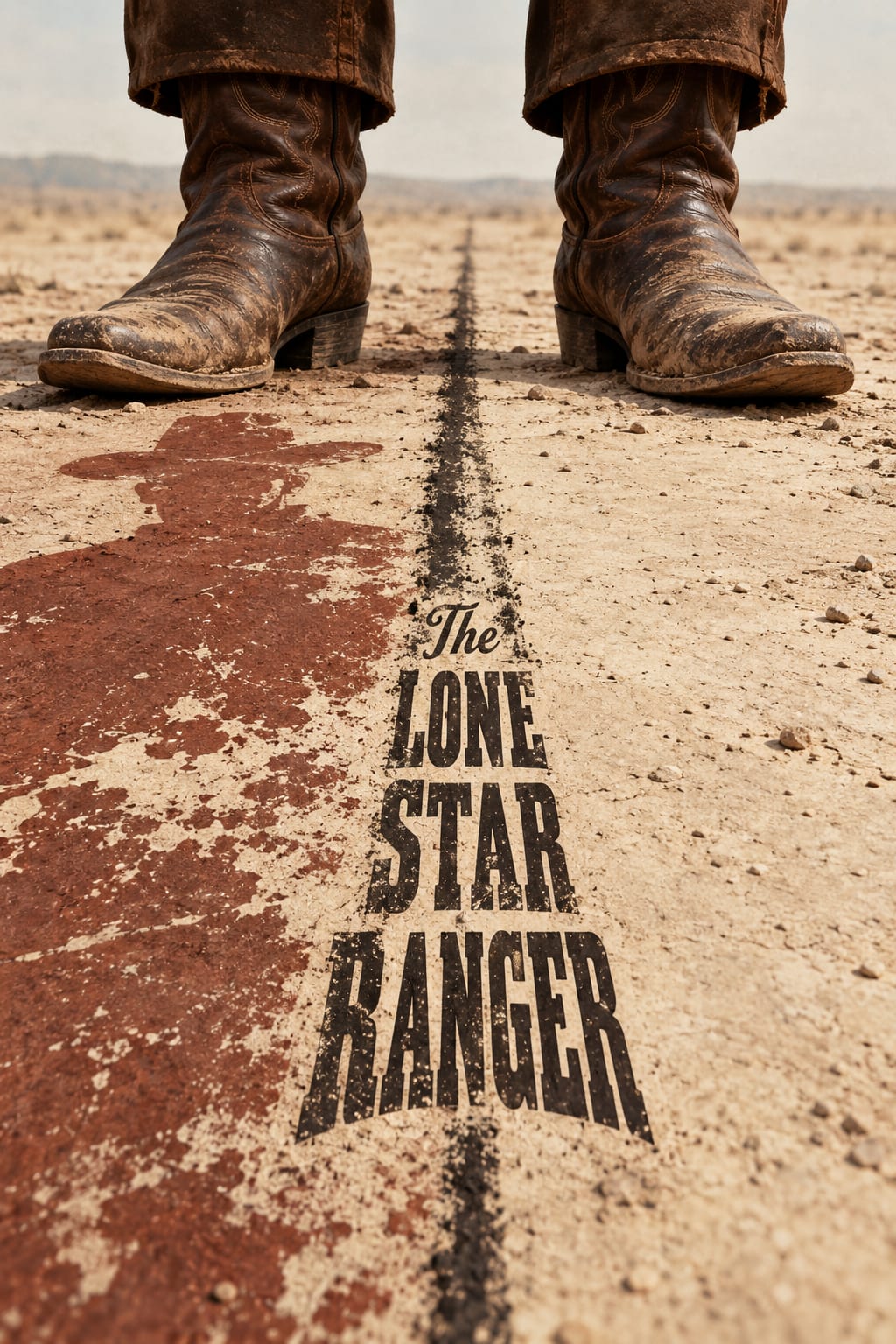 Two Western boots stand above long red and black printed marks on dry ground.