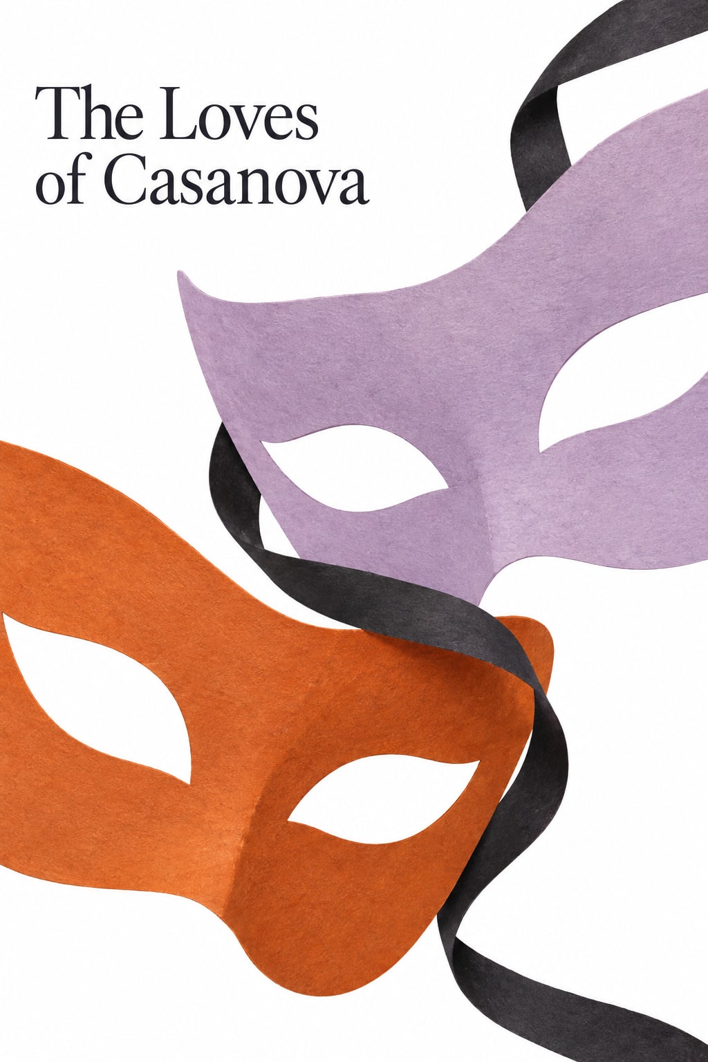 An orange mask and a lilac mask overlap, joined by a curling black ribbon.