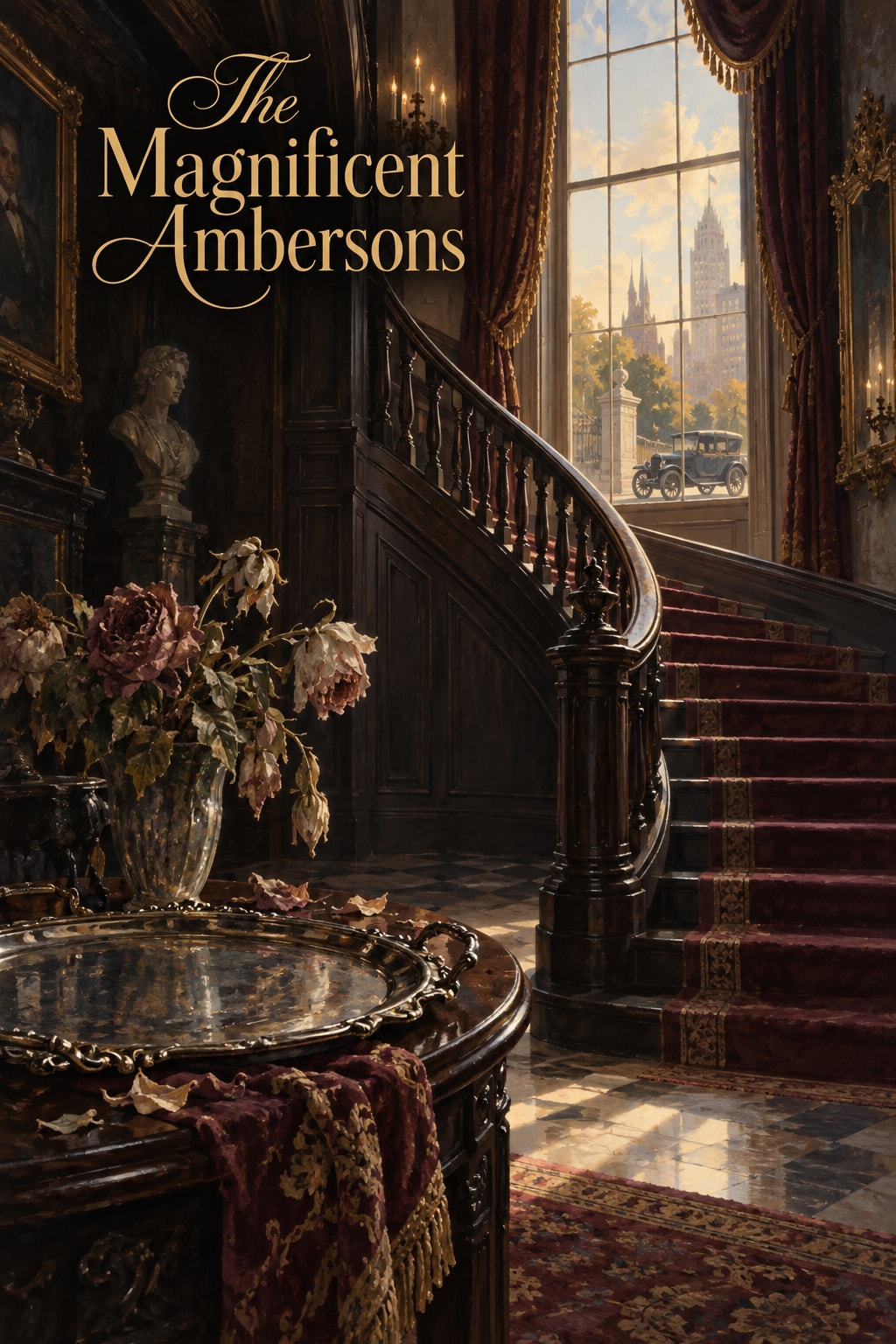 Original illustration: A dark mansion staircase curves toward a window framing an early motorcar, with faded flowers and a silver tray in front.