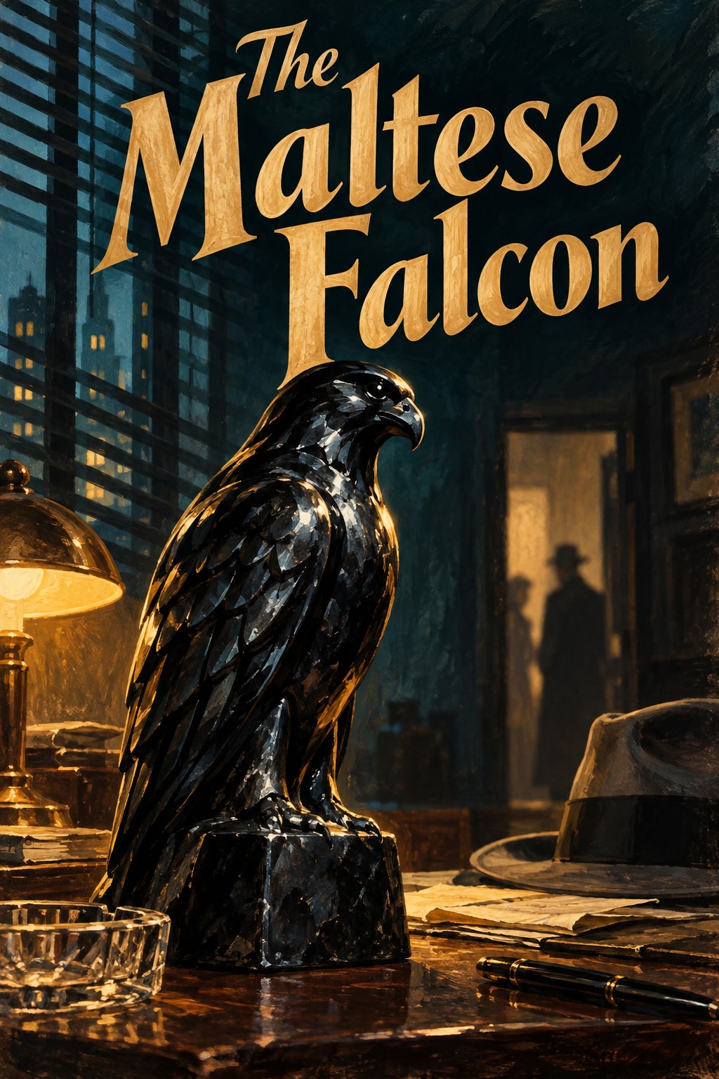 The Maltese Falcon: A dark falcon statuette stands on a detective's desk beneath golden lettering.