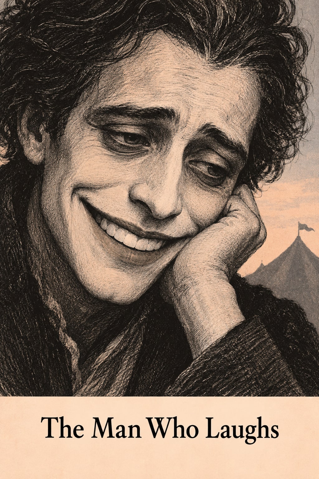 A close-up drawing of a grinning man resting his cheek on his hand, with tents behind him.