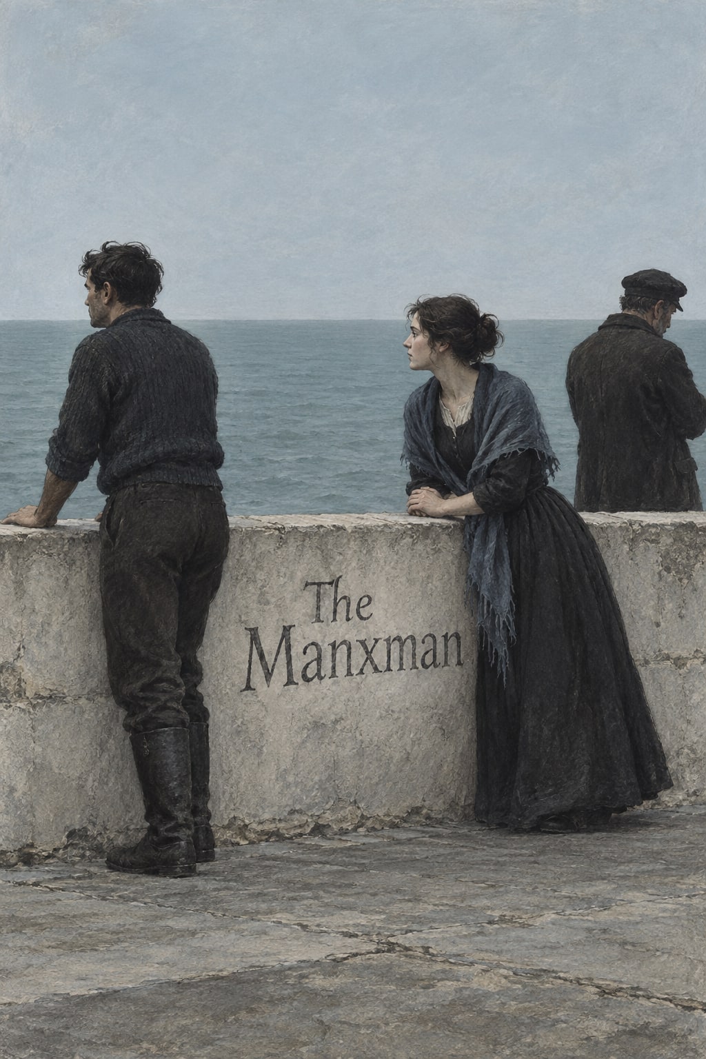 Three figures stand apart at a pale seawall, looking in different directions.