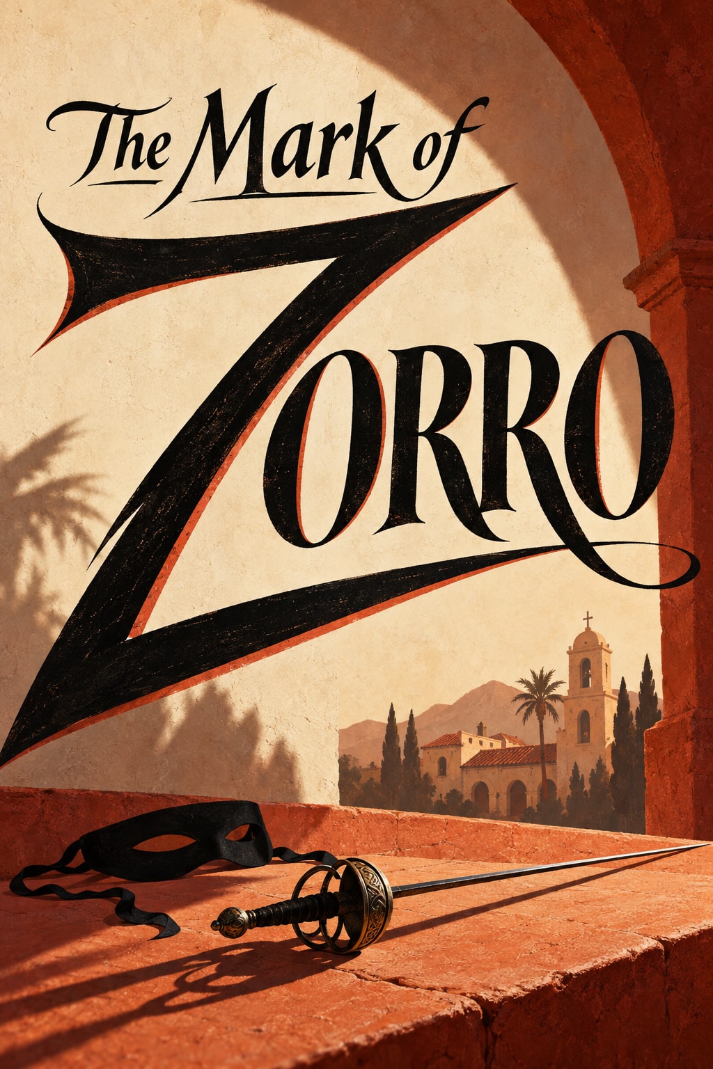 Original illustration: A giant black Z integrated into Zorro lettering above the shadows of a mask and rapier.