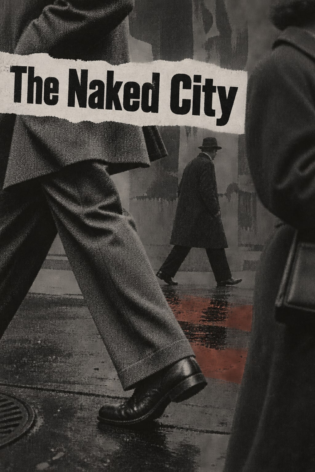 Cropped walking legs and coat shapes cross a rough gray street collage beneath the film title.