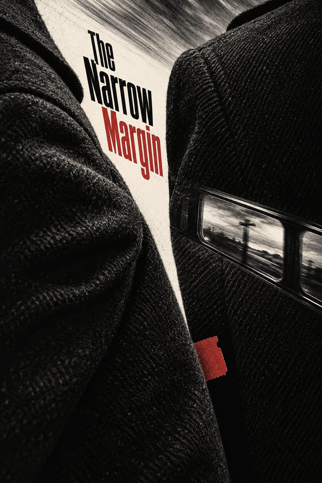 Two dark overcoat shoulders compress a narrow title-bearing gap beside a train-window reflection.