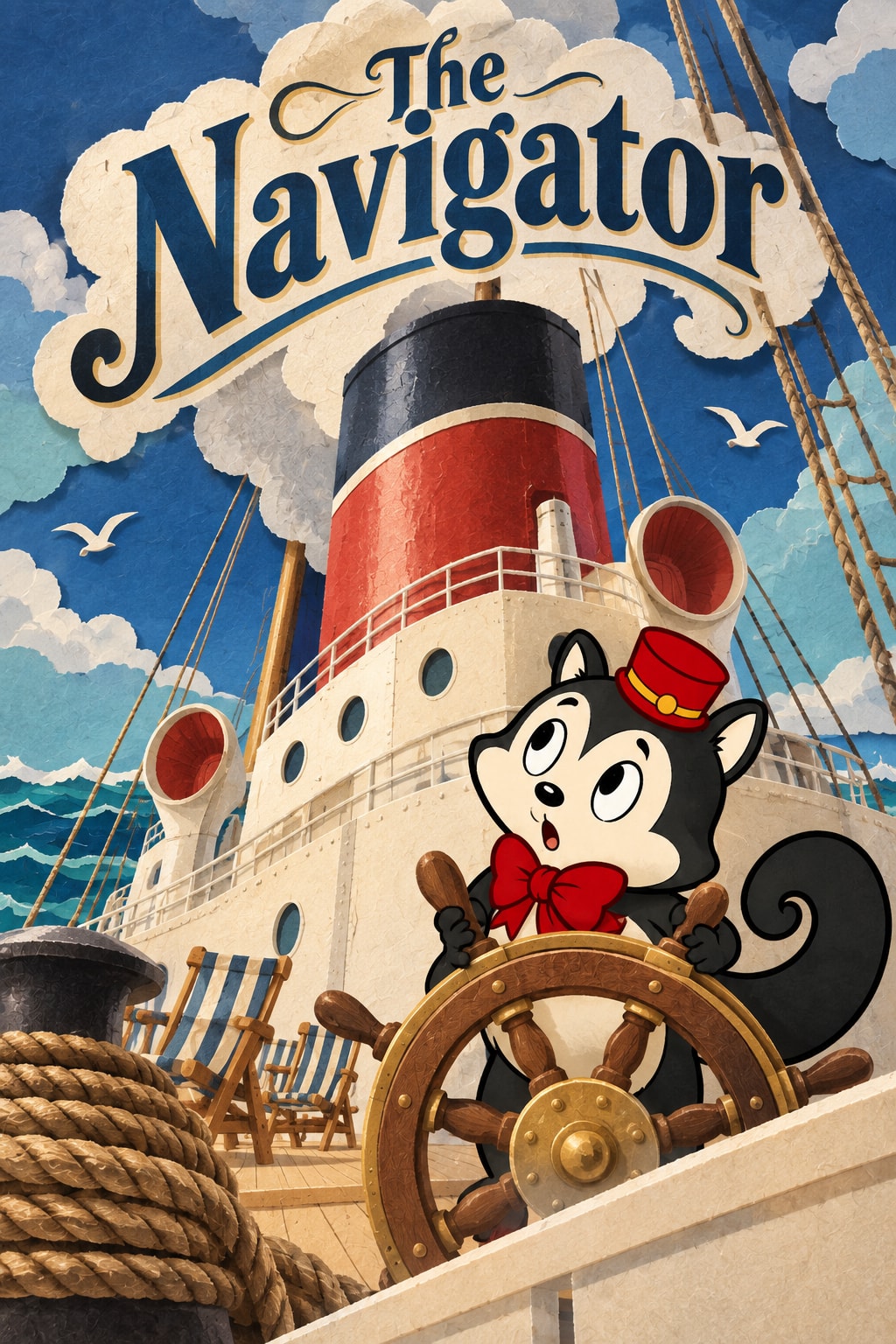 Original illustration for The Navigator: Enormous ocean liner viewed from low deck: funnel, coiled ropes and empty deck chairs recede with precise perspective.