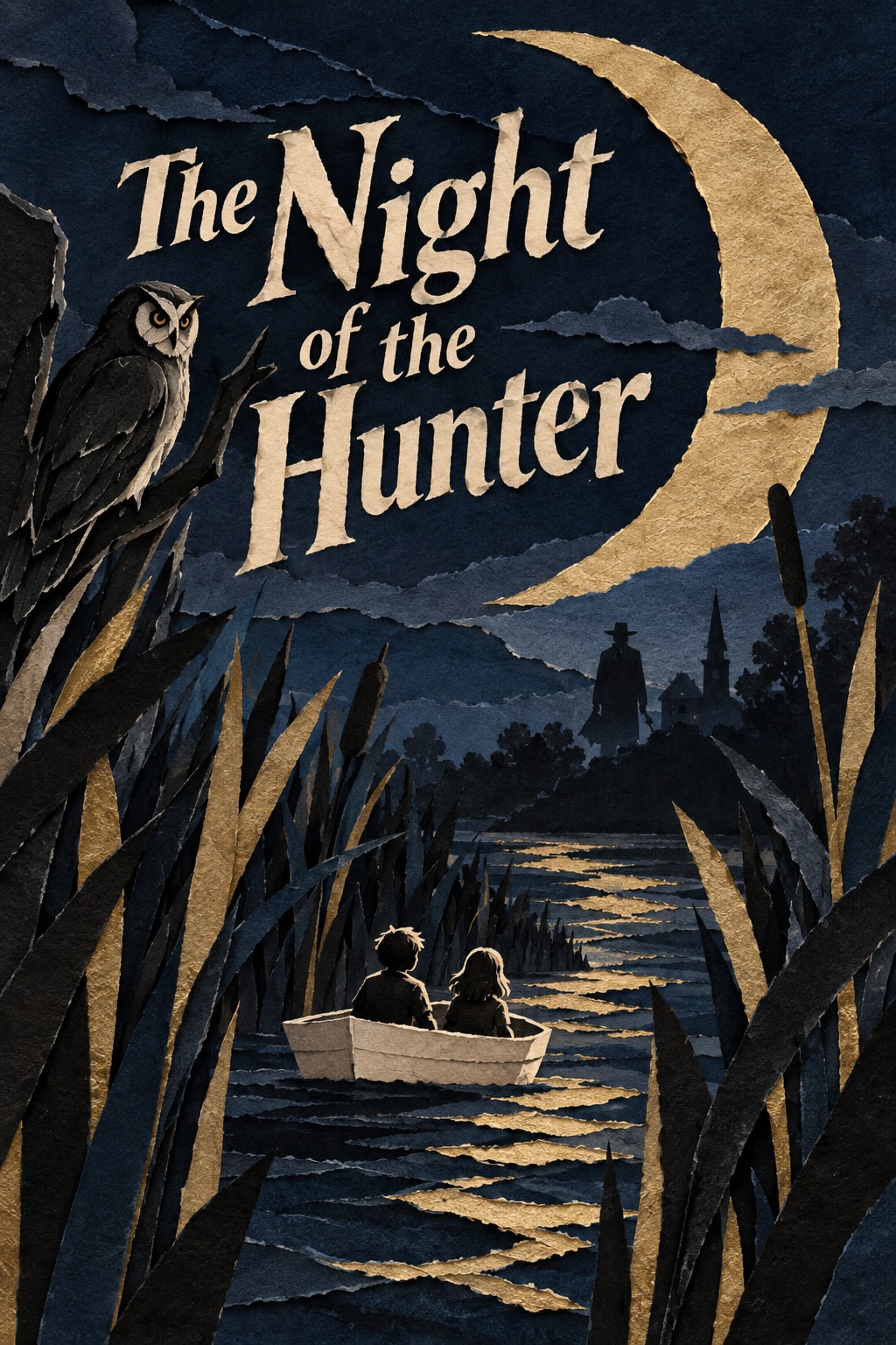 The Night of the Hunter: Children drift in a small boat through layered paper reeds beneath a crescent moon.