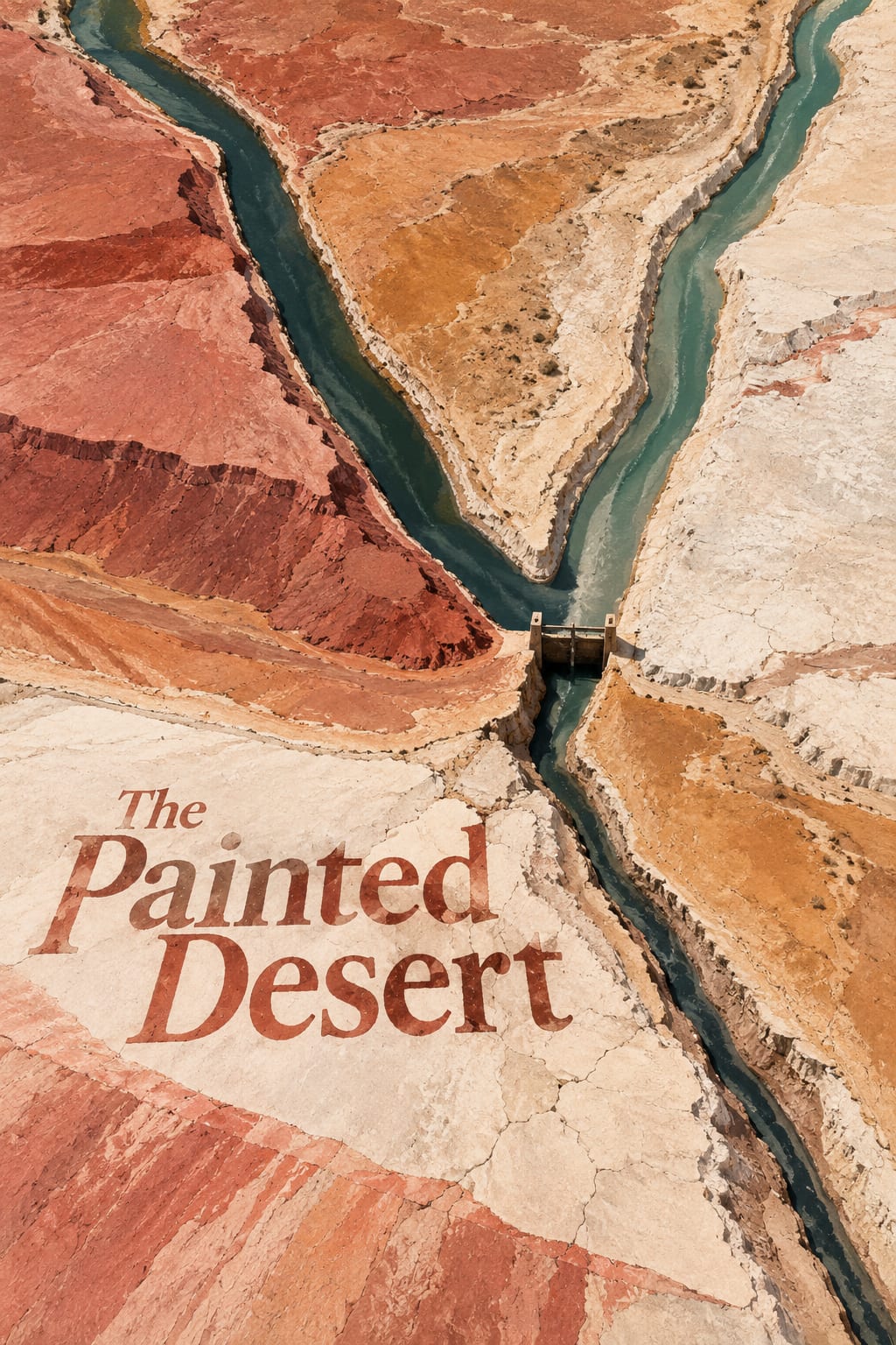 An overhead clay-coloured land plane is divided by narrow teal water channels at a small boundary.