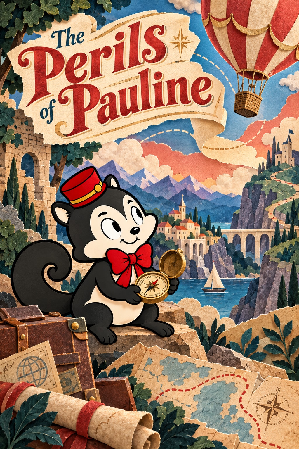 Original illustration for The Perils of Pauline: An elegant paper adventure journal unfolds vertically into hills, a tiny vintage hot-air balloon, and a looping travel route.