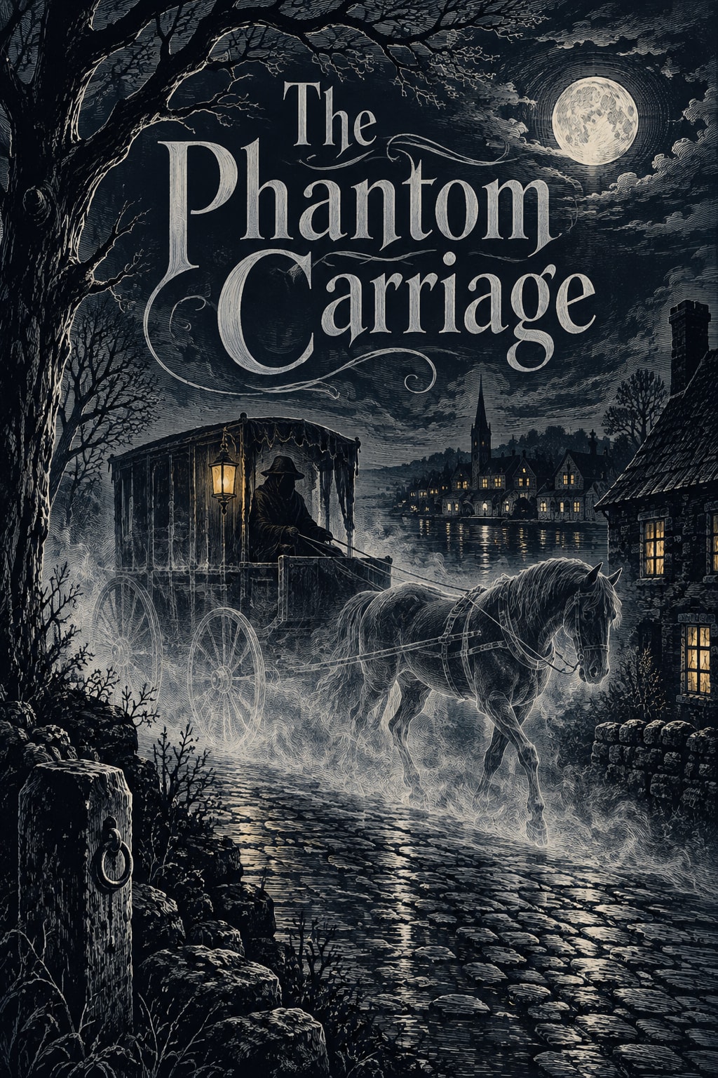 The Phantom Carriage — A spectral carriage crosses a wintry landscape in silver engraving.