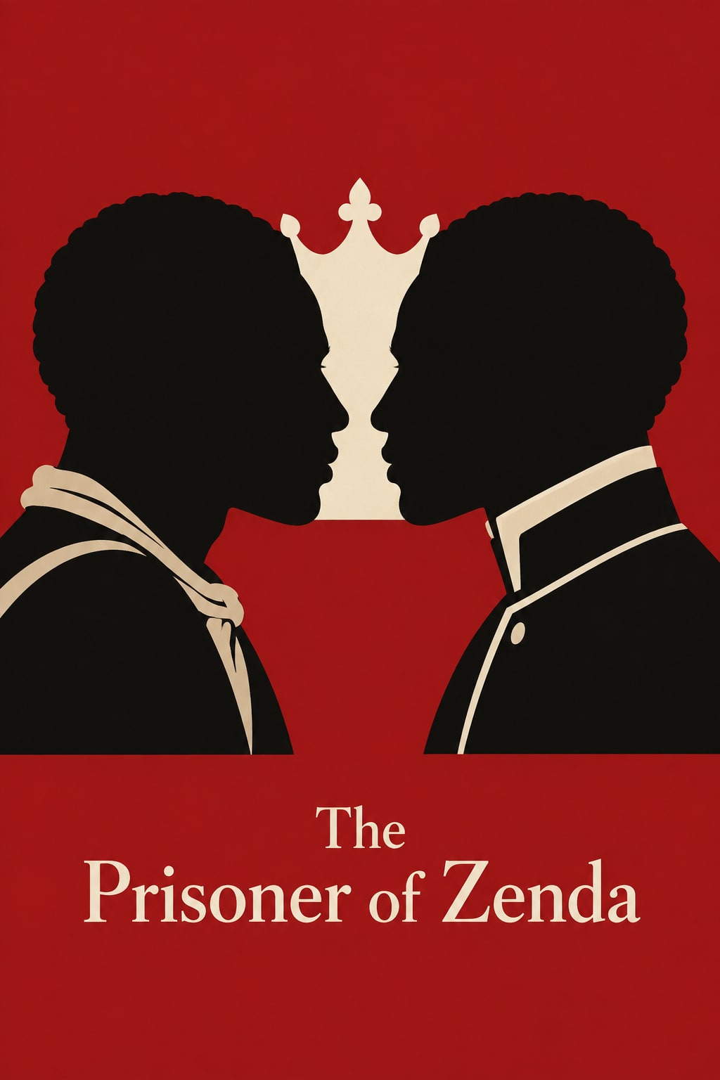 Two similar black profiles face each other on red, with a pale crown-shaped gap between them.