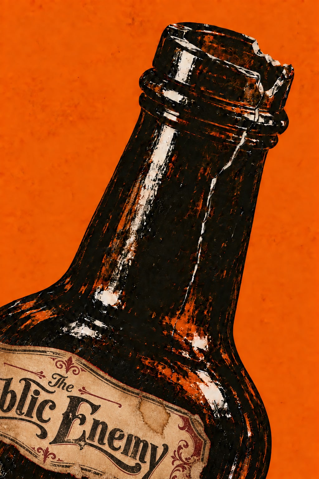 A dark glass bottle tilts across orange, its paper label bearing the title.