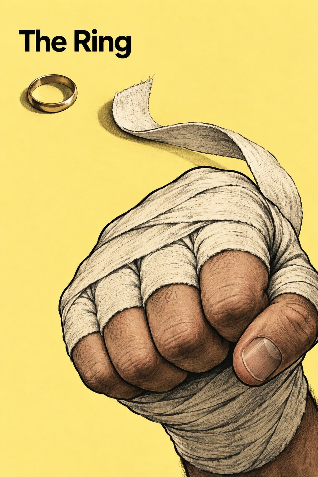 A cloth-wrapped fist, a loose strip of bandage and a gold ring appear on yellow.