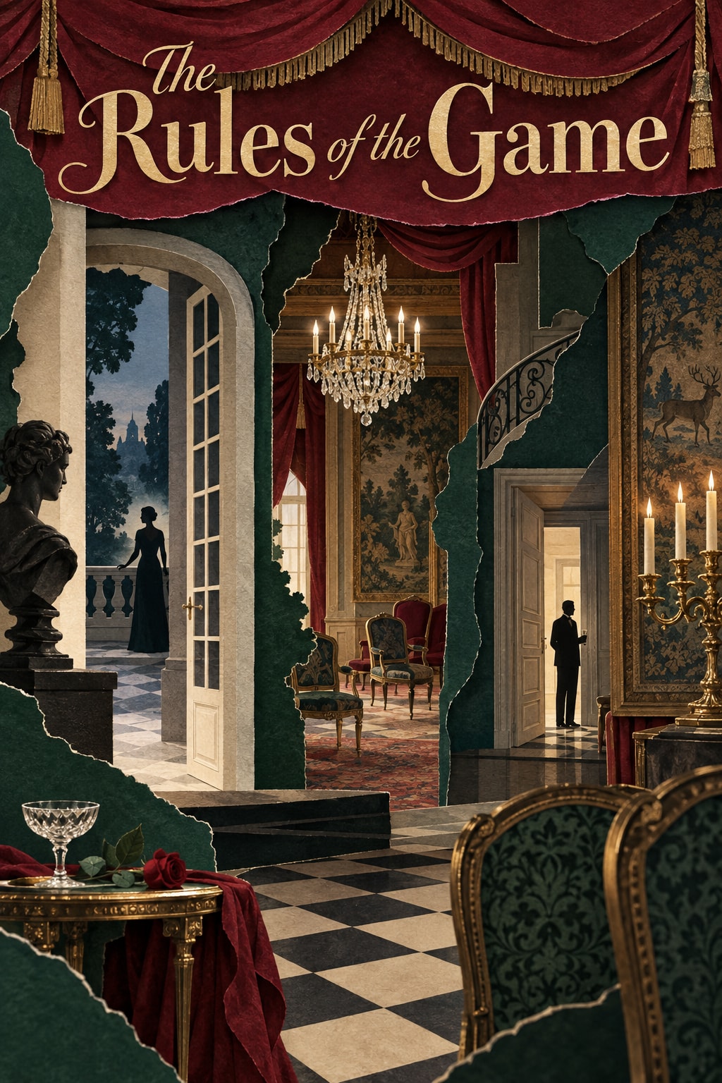 Original illustration for The Rules of the Game: An ornate country-house interior sliced into overlapping paper doorways and a miniature theatre stage, chandelier and empty chairs at mismatched social scales.