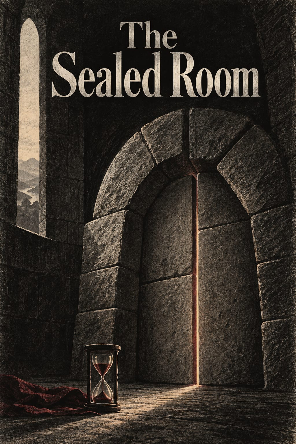 A stone tower doorway closes around its last line of light beside an hourglass.