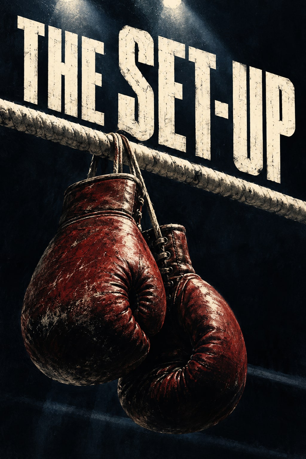 THE SET-UP lettering above two worn red boxing gloves hanging over a diagonal ring rope. Original illustration.