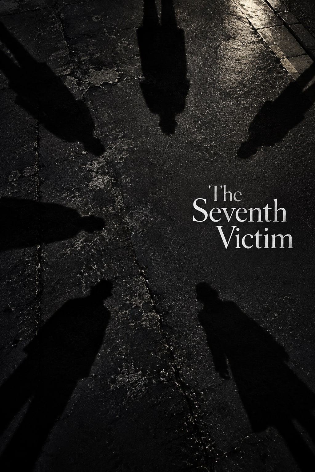Long human shadows surround an empty patch of dark paving.