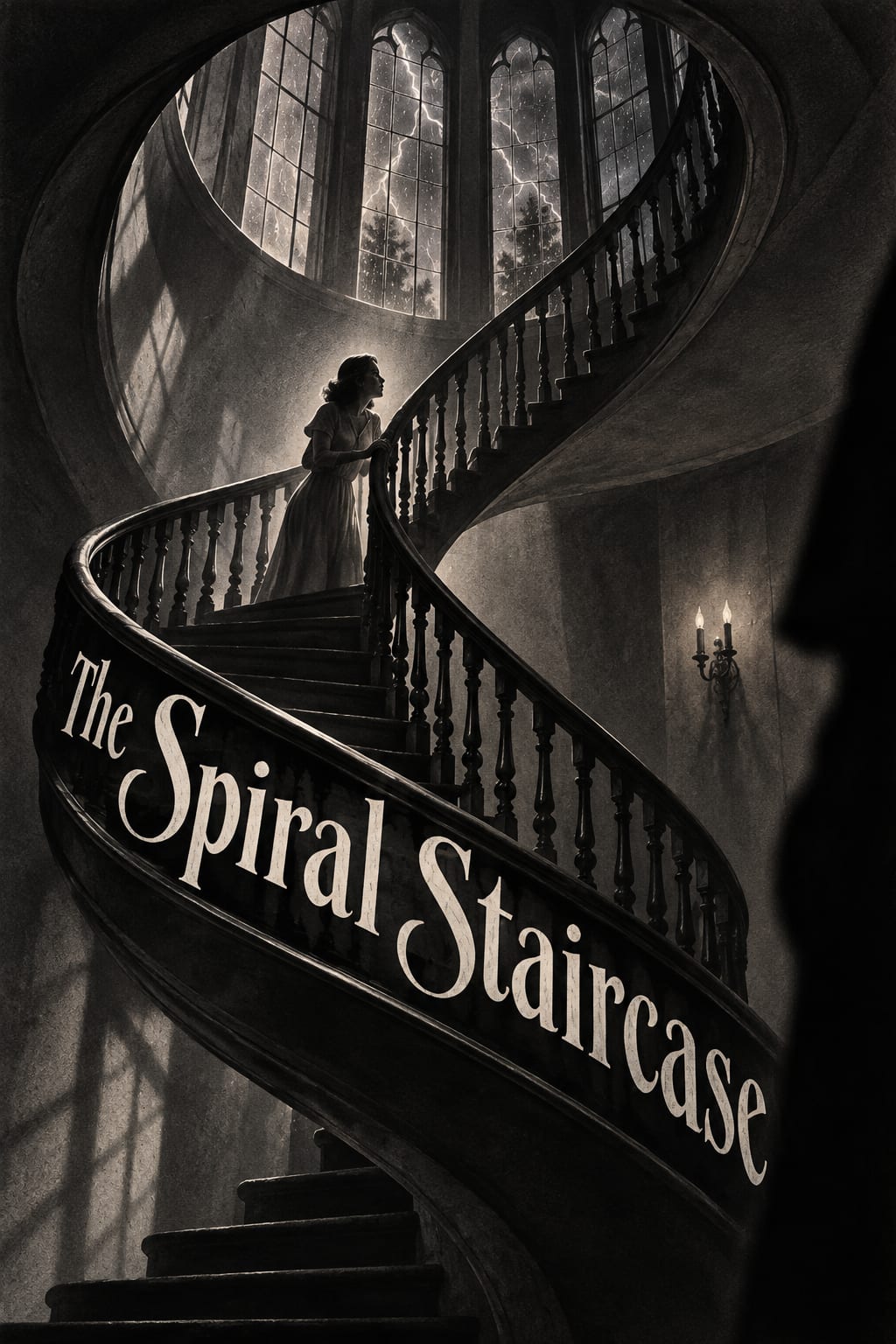 A lone figure climbs a curved staircase in storm-lit darkness.