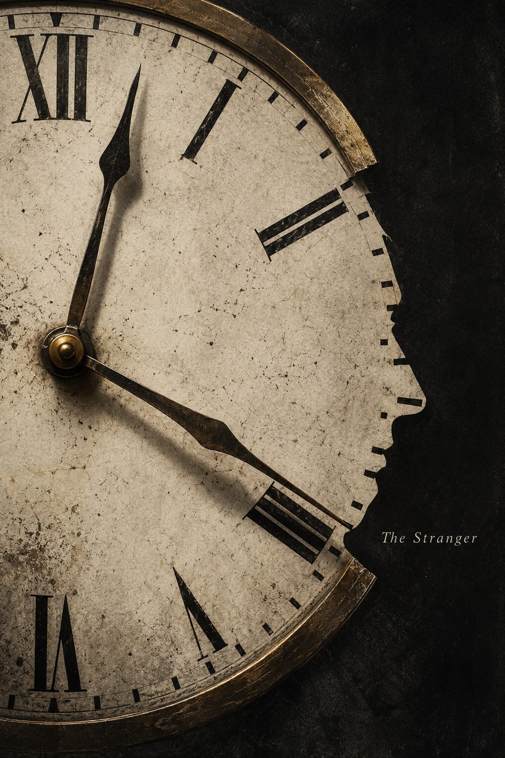 A cropped clock face shares its irregular right edge with a dark human profile.