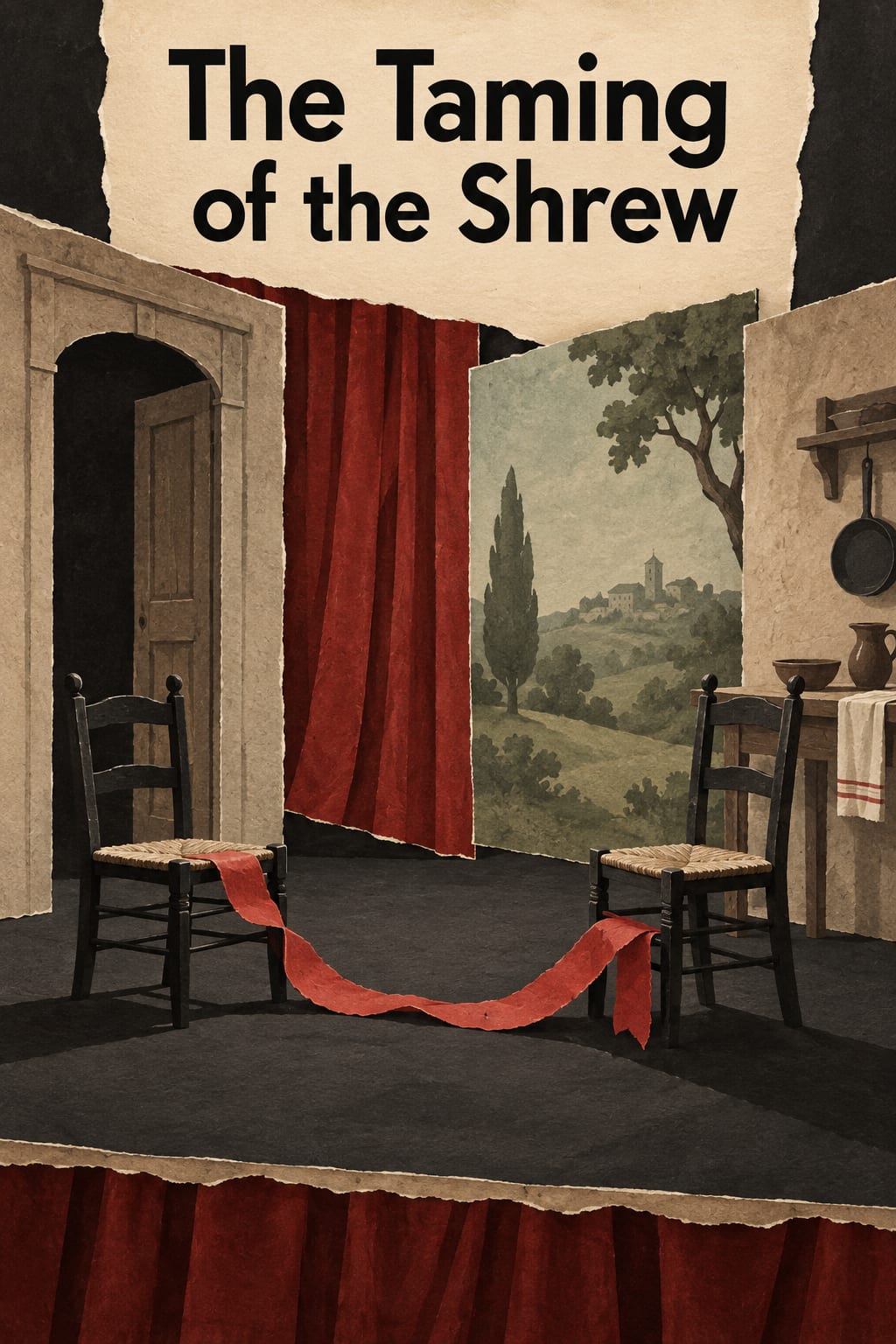Four stage flats and two empty chairs face each other across a loose red strip.