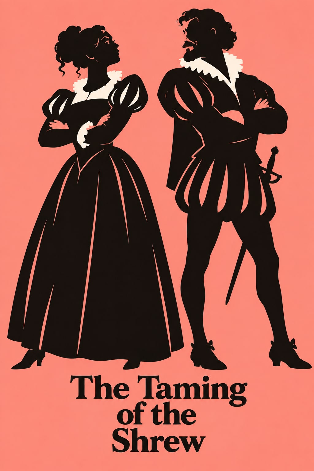 Black silhouettes of a woman and a man stand with folded arms against coral pink.