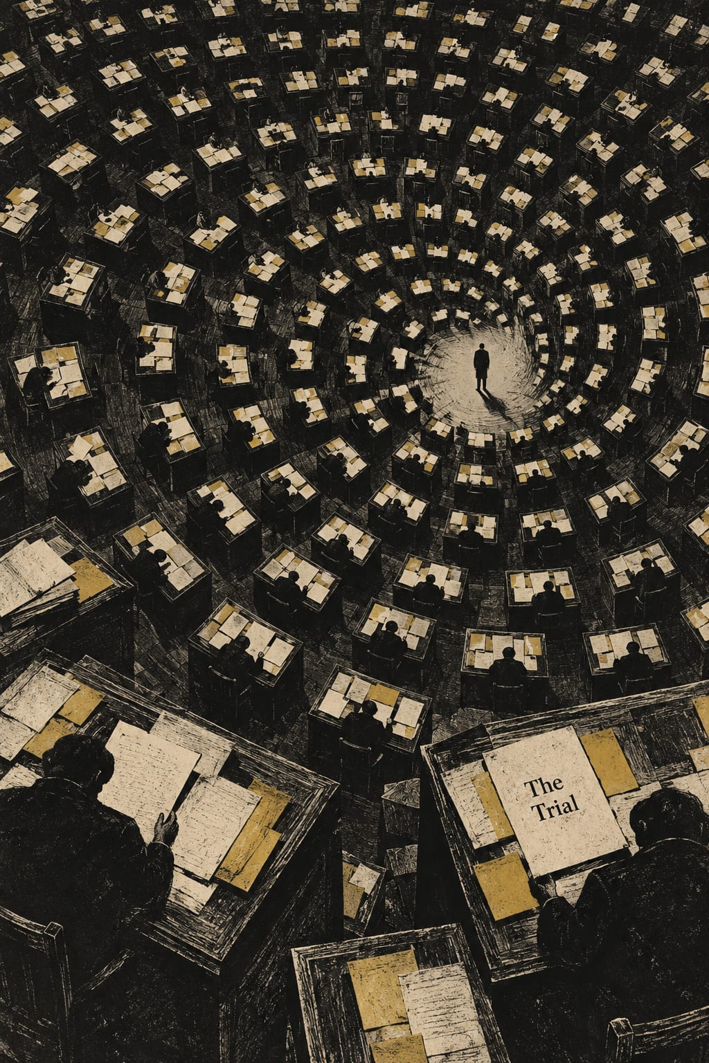 A dense spiral of desks and papers dwarfs one small central human figure.