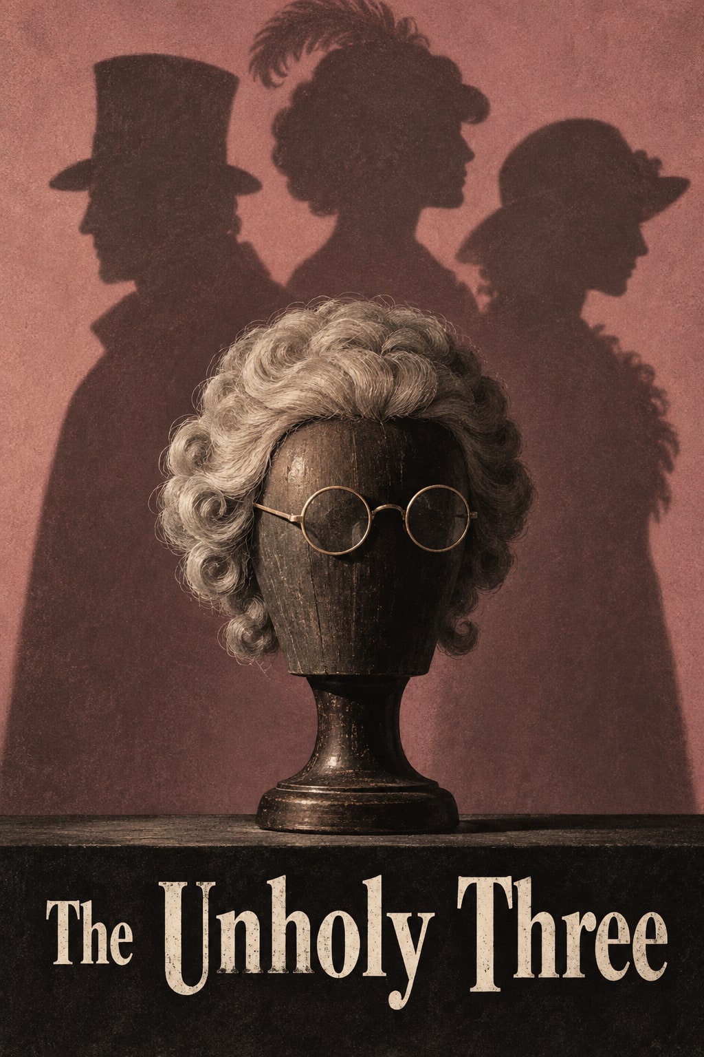 A curled wig and round spectacles sit on a wooden head form beneath three shadowy profiles.